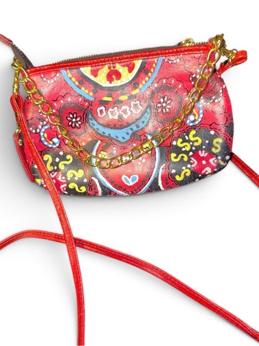 Sharif Red Paisley Crossbody Bag with Gold Chain
